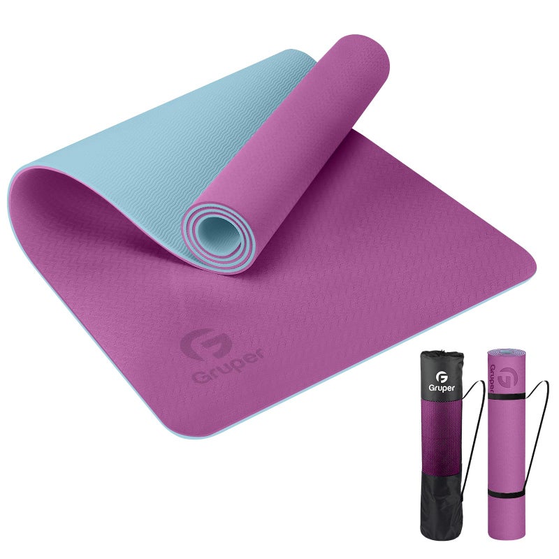Gruper Yoga Mat Non Slip, Eco Friendly Fitness Exercise Mat with Carrying Strap,Pro Yoga Mats for Women,Workout Mats for Home, Pilates and Floor Exercises (Purple/Teal, Thickness-6mm) - Image 1